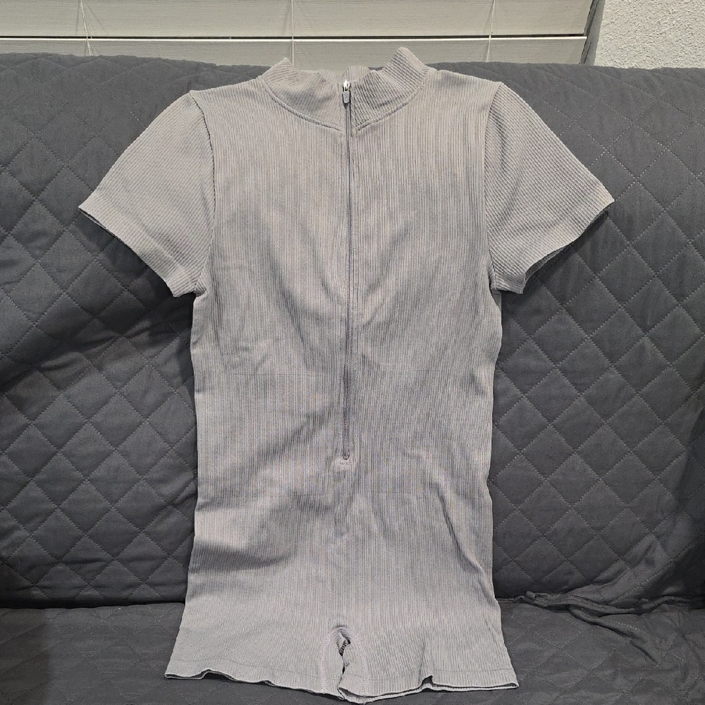 OQQ Gray Ribbed Jumpsuit Romper And Opaque Tights Bundle